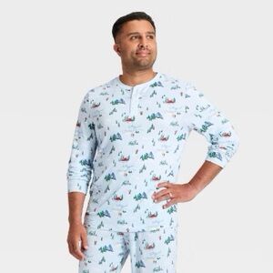 Men’s nwt Tis the Ski-son Cozy Long Sleeve Henley Holiday Pajama Shirt Blue